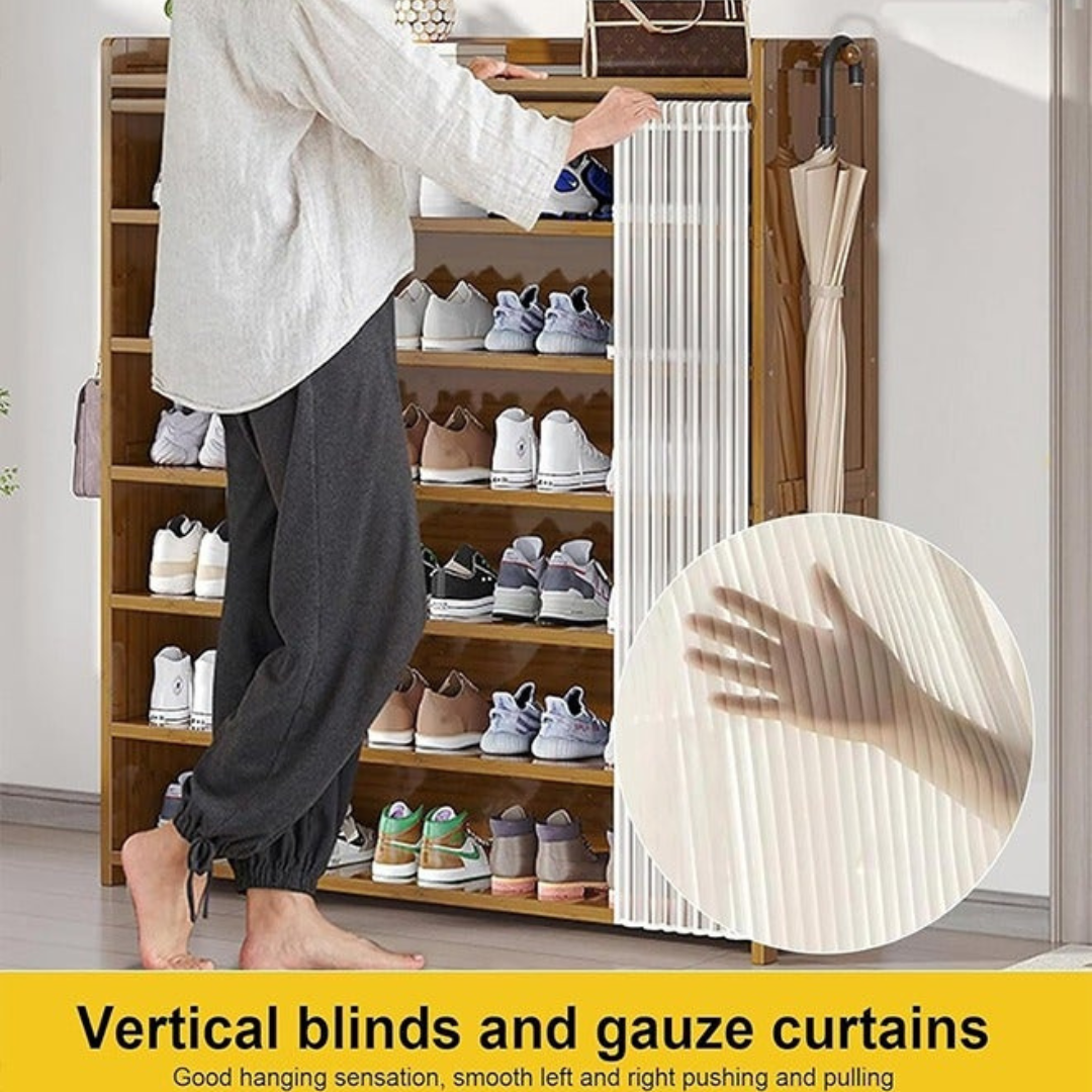 Multi Layer Bamboo Shoe Rack Cabinet with Dustproof Curtain