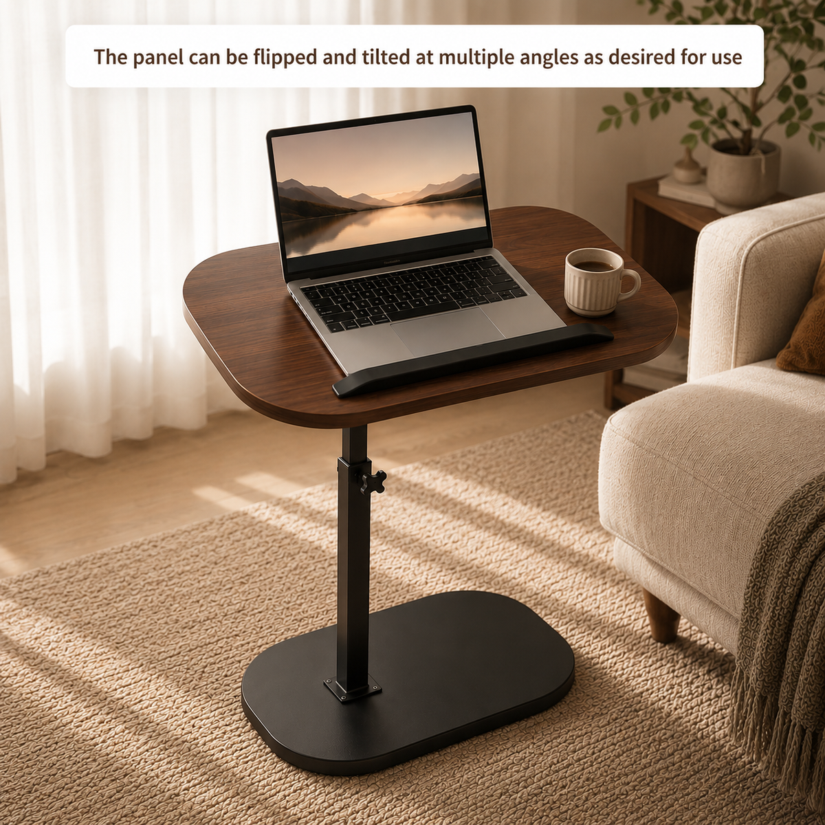 360° Swivel Adjustable C Shape Wooden Top Side Table
