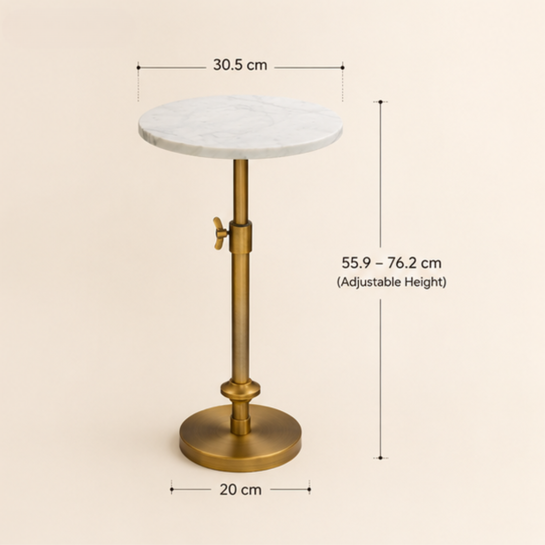 Modern White Marble Side Table With Adjustable Height Antique Brass Base
