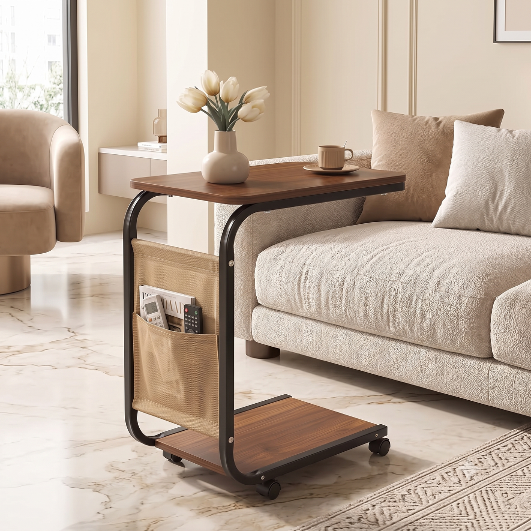 Multipurpose Double Layer C Shaped Wheeled Side Table