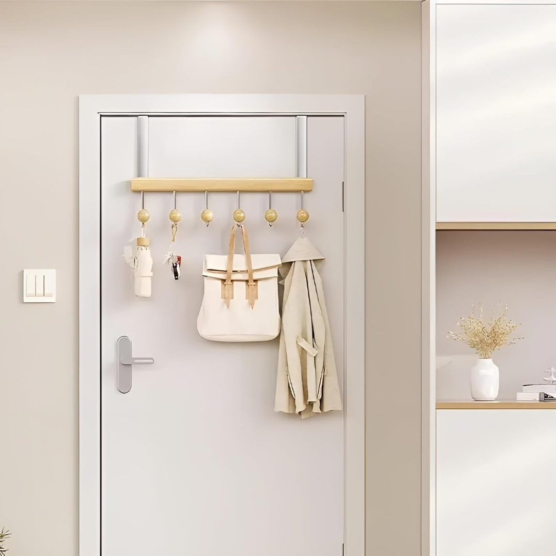 HOMERO 6 Hook Wooden Over Door Hook Rack Cloth Organizer