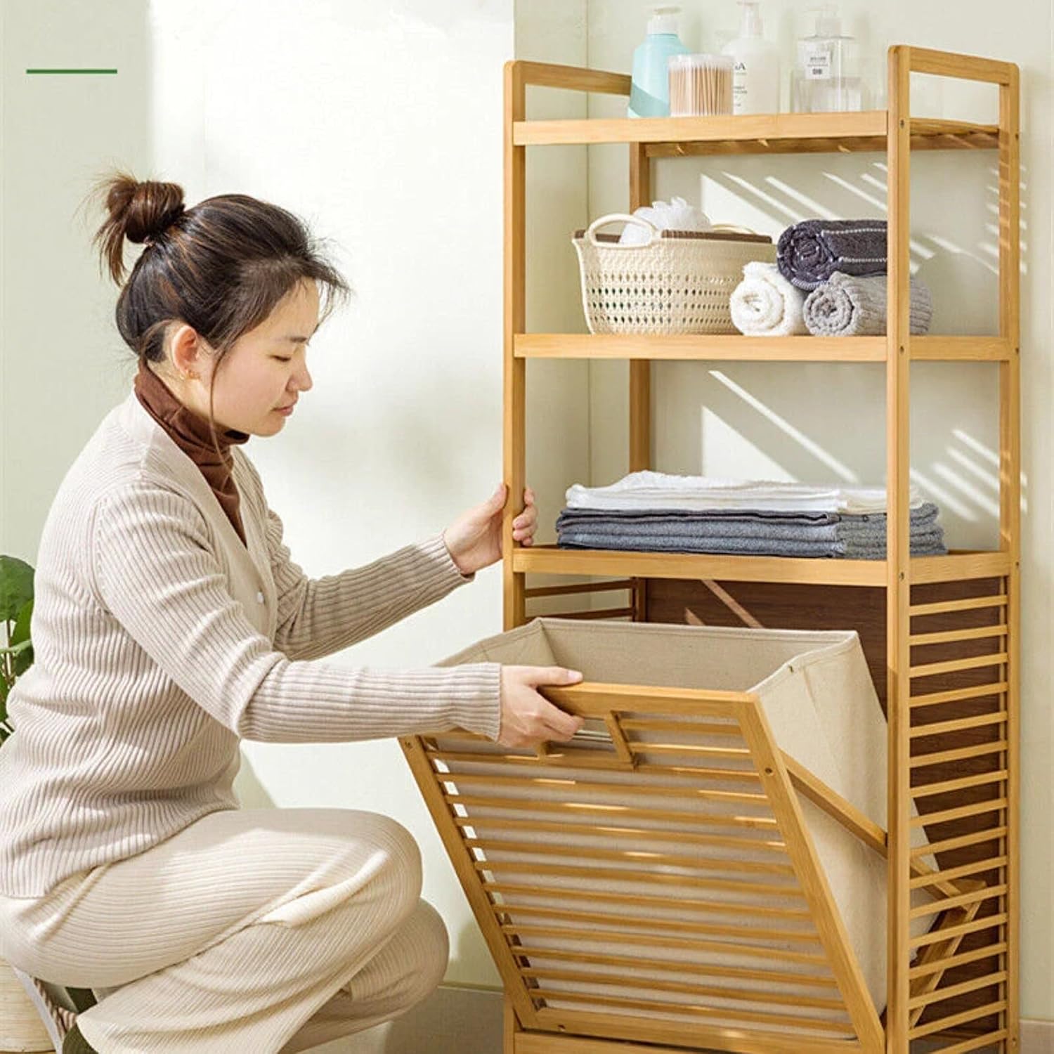 Premium Wooden Laundry Basket with Storage Shelves