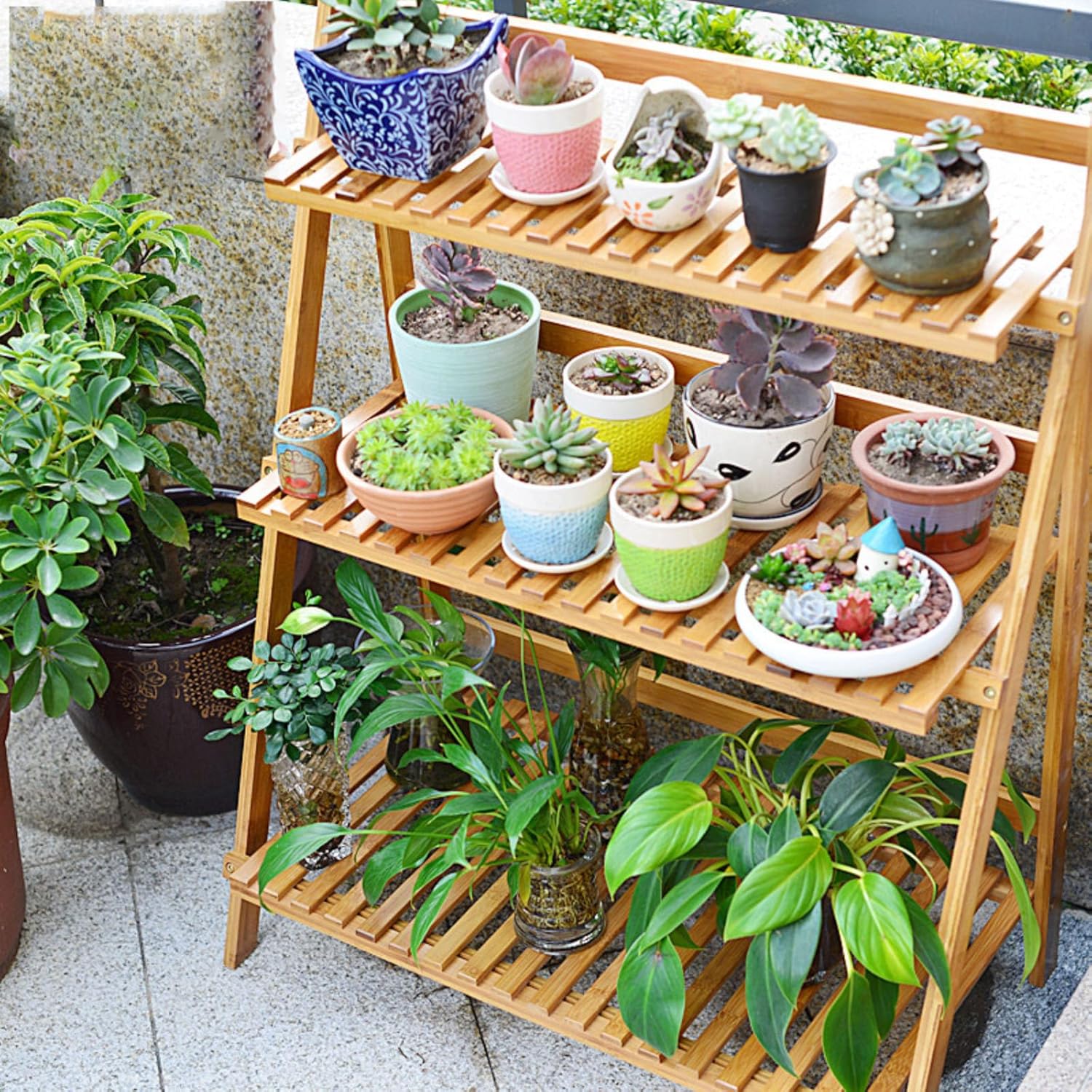 Homero 3 Tier Bamboo Folding Ladder Plant Stand Wide Display Rack - 70x40x96 cm