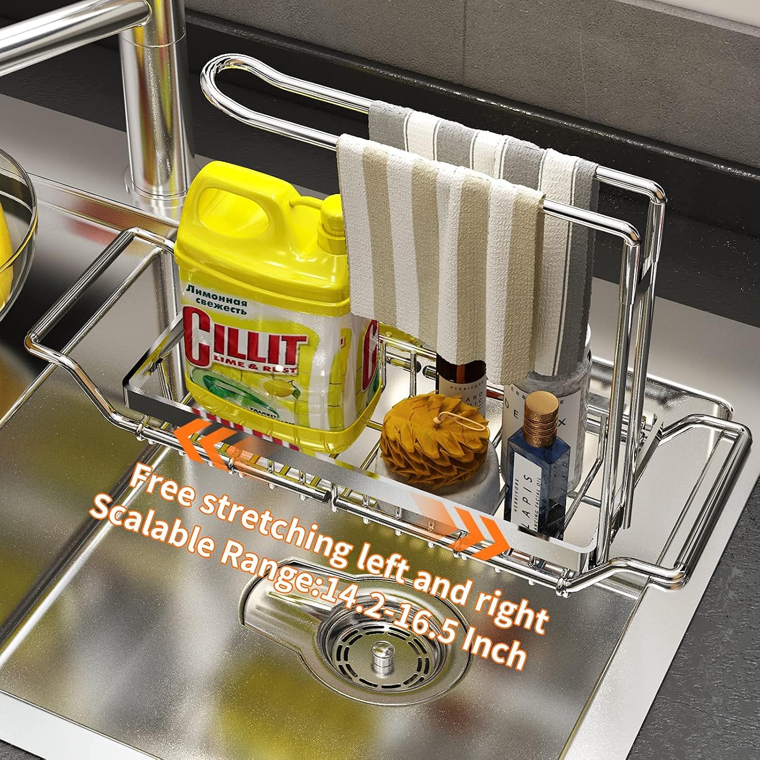 Expandable Stainless Steel Kitchen Sink Organizer with Drain Holder
