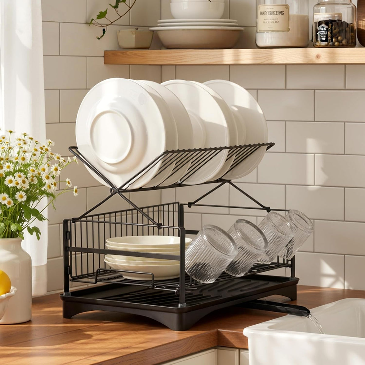 Two Tier Black Carbon Steel Dish Drying Rack with Swivel Drainage Spout