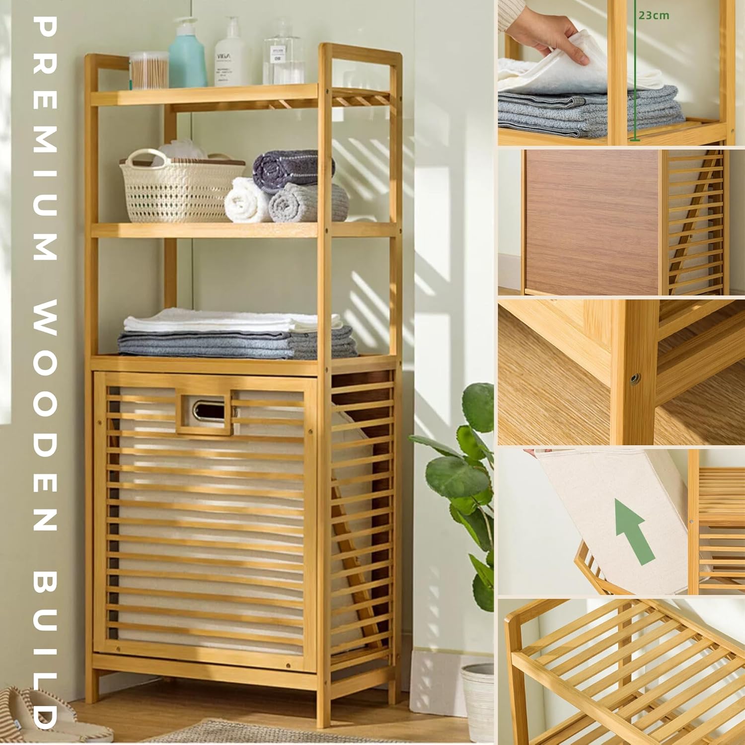 Premium Wooden Laundry Basket with Storage Shelves