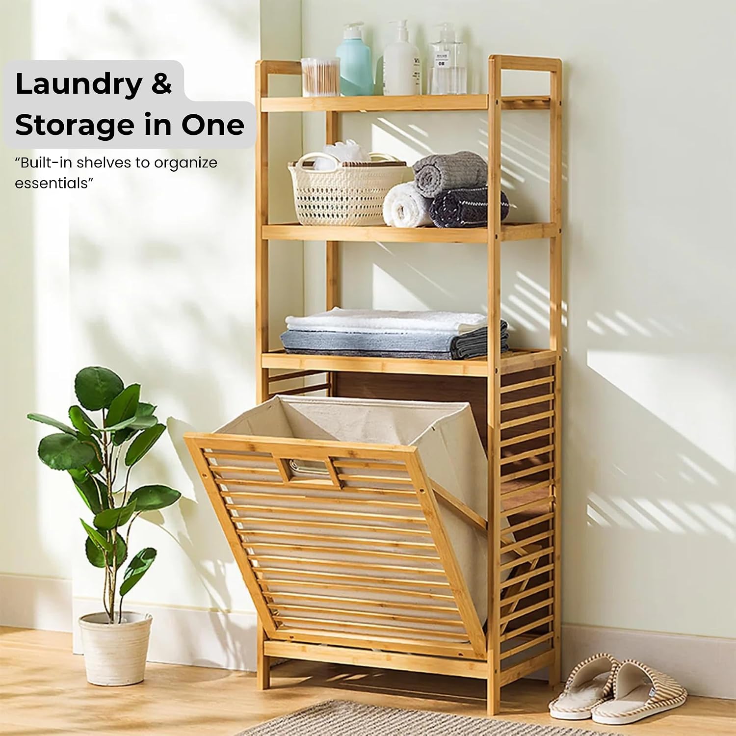 Premium Wooden Laundry Basket with Storage Shelves