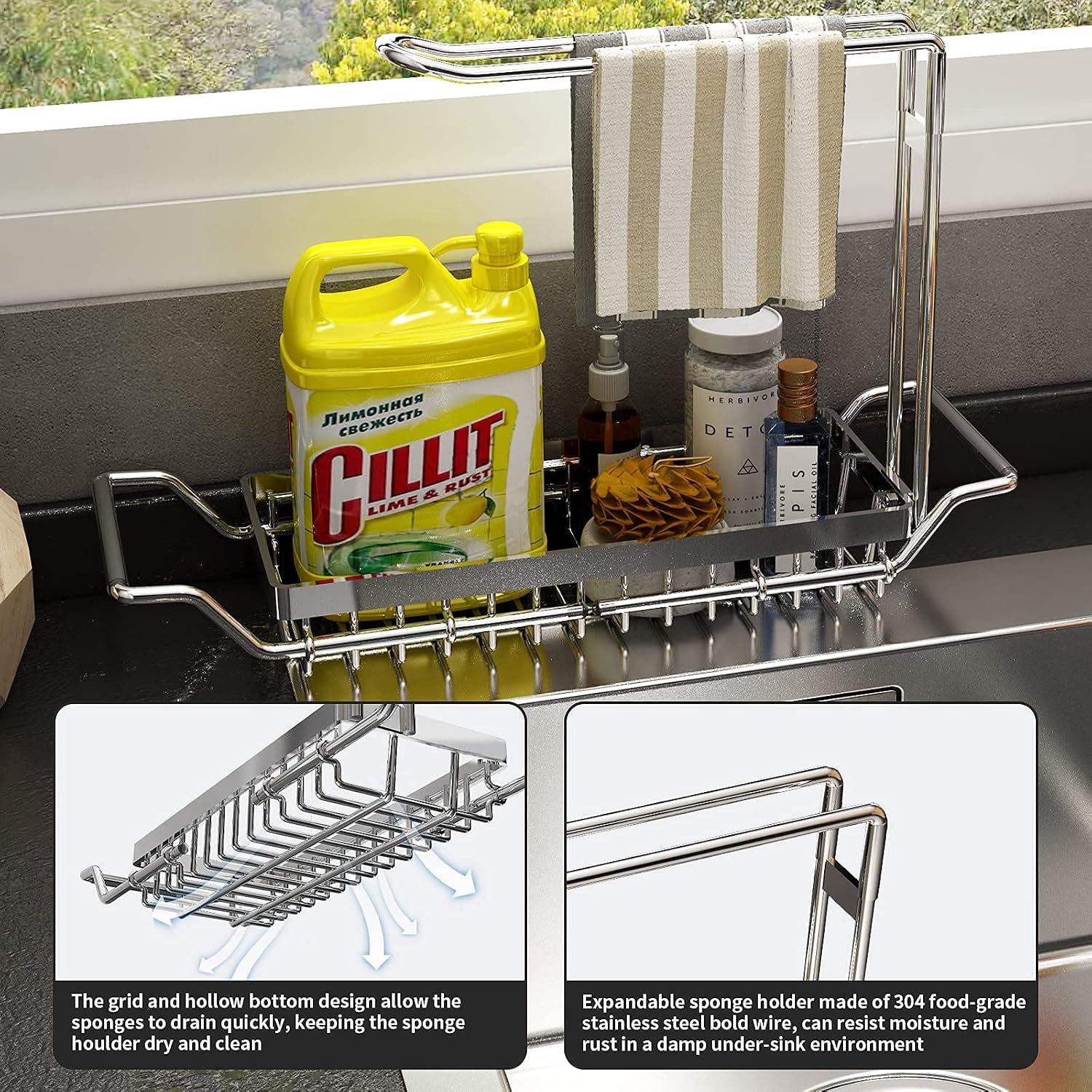 Expandable Stainless Steel Kitchen Sink Organizer with Drain Holder