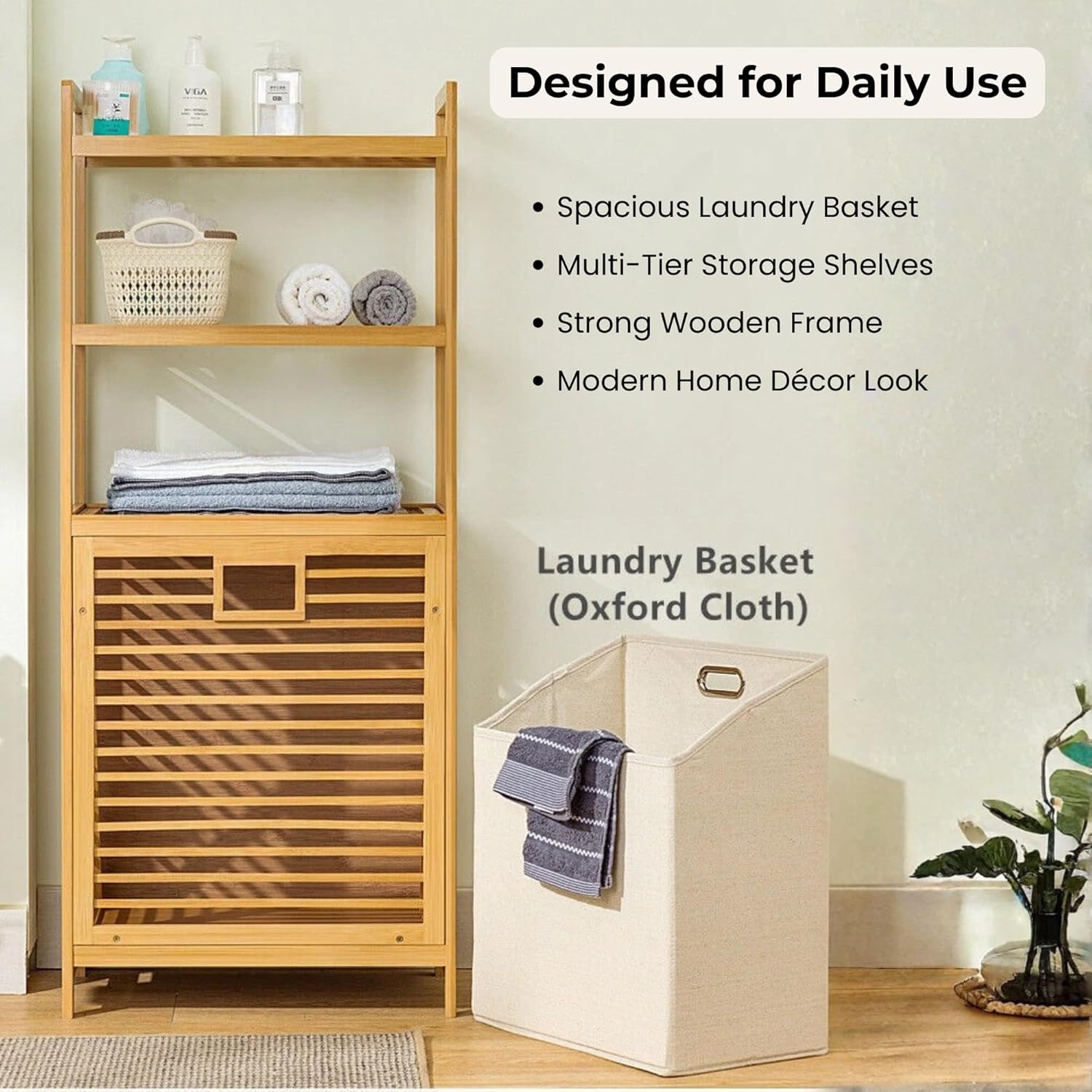 Premium Wooden Laundry Basket with Storage Shelves