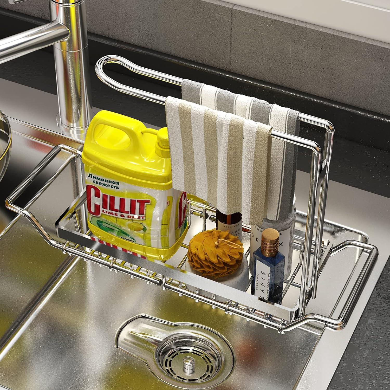 Expandable Stainless Steel Kitchen Sink Organizer with Drain Holder