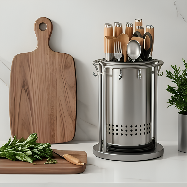 360° Rotating Kitchen Knife Holder with Drain Tray