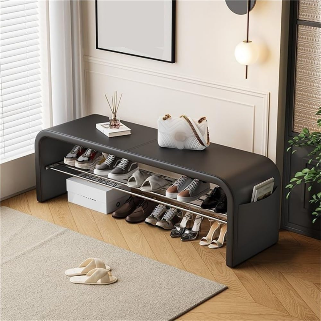 HOMERO 2-Tier Modern PU Leather Shoe Bench with Hidden Pocket