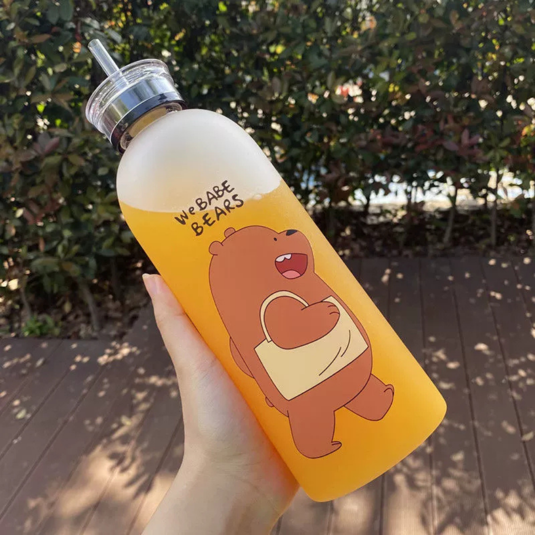 HOMERO Cute Bear Straw Sports Water Bottle – Portable Frosted 1000ml Capacity