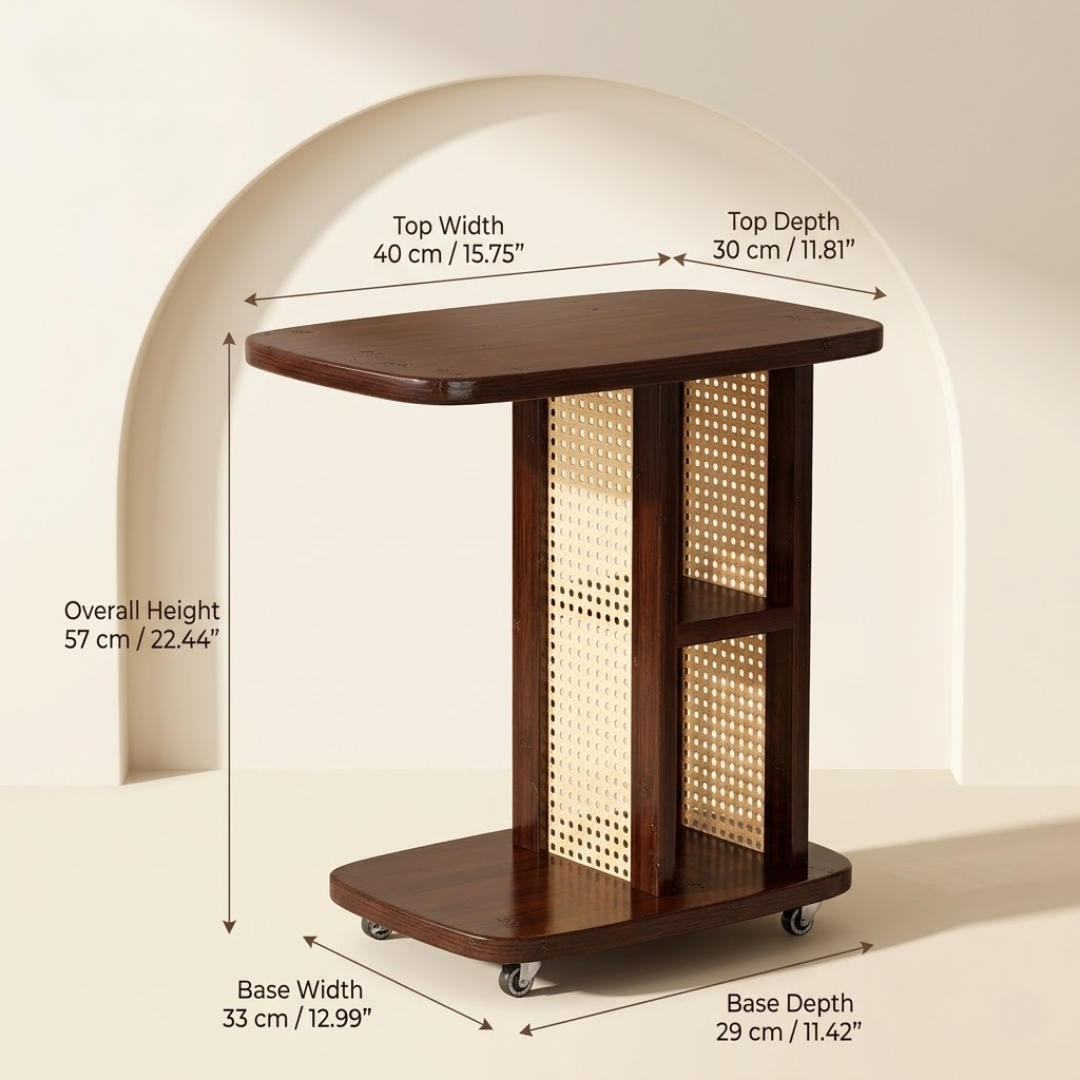 Wooden C Shaped Mobile Sofa Side Table with Woven Resin Storage