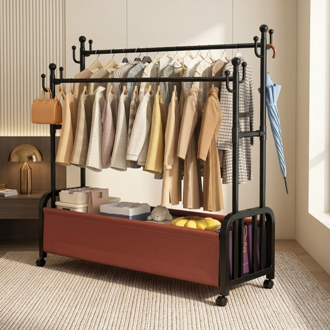 Multifunctional Tree Shaped Double Pole Garment Rack With Storage Basket