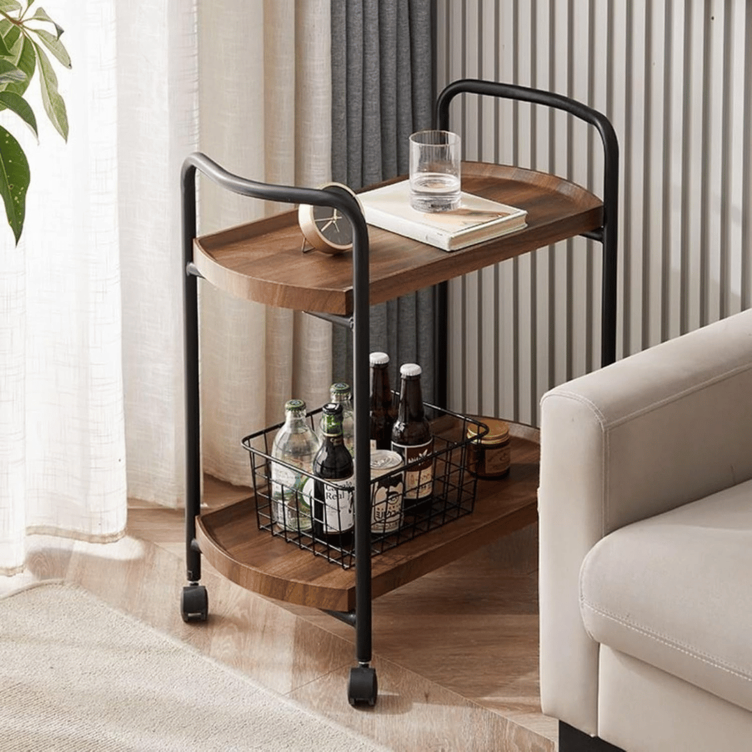 Double Layer Rolling Wooden Trolley With Wheels