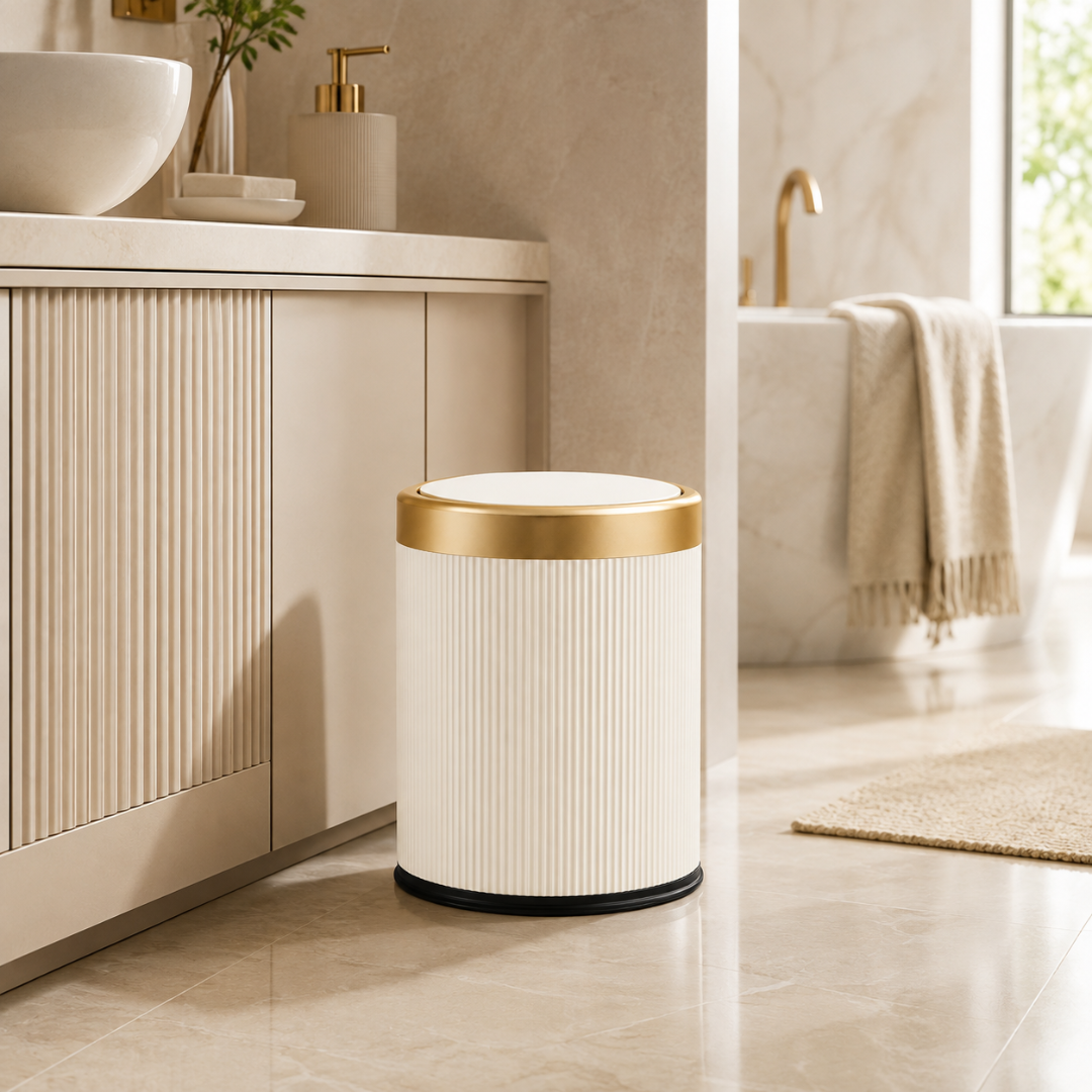 Modern Cream White Dustbin with Inner Bucket and Gold Accents (8L)