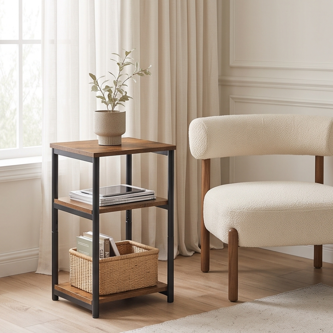 Rustic Brown Three Tier Storage Steel Frame Side Table