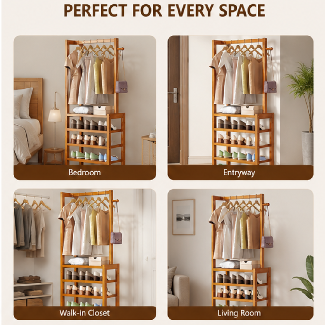 Multifunctional Bamboo Shoe Rack with Hanging Rail Side Hooks and Storage Shelves