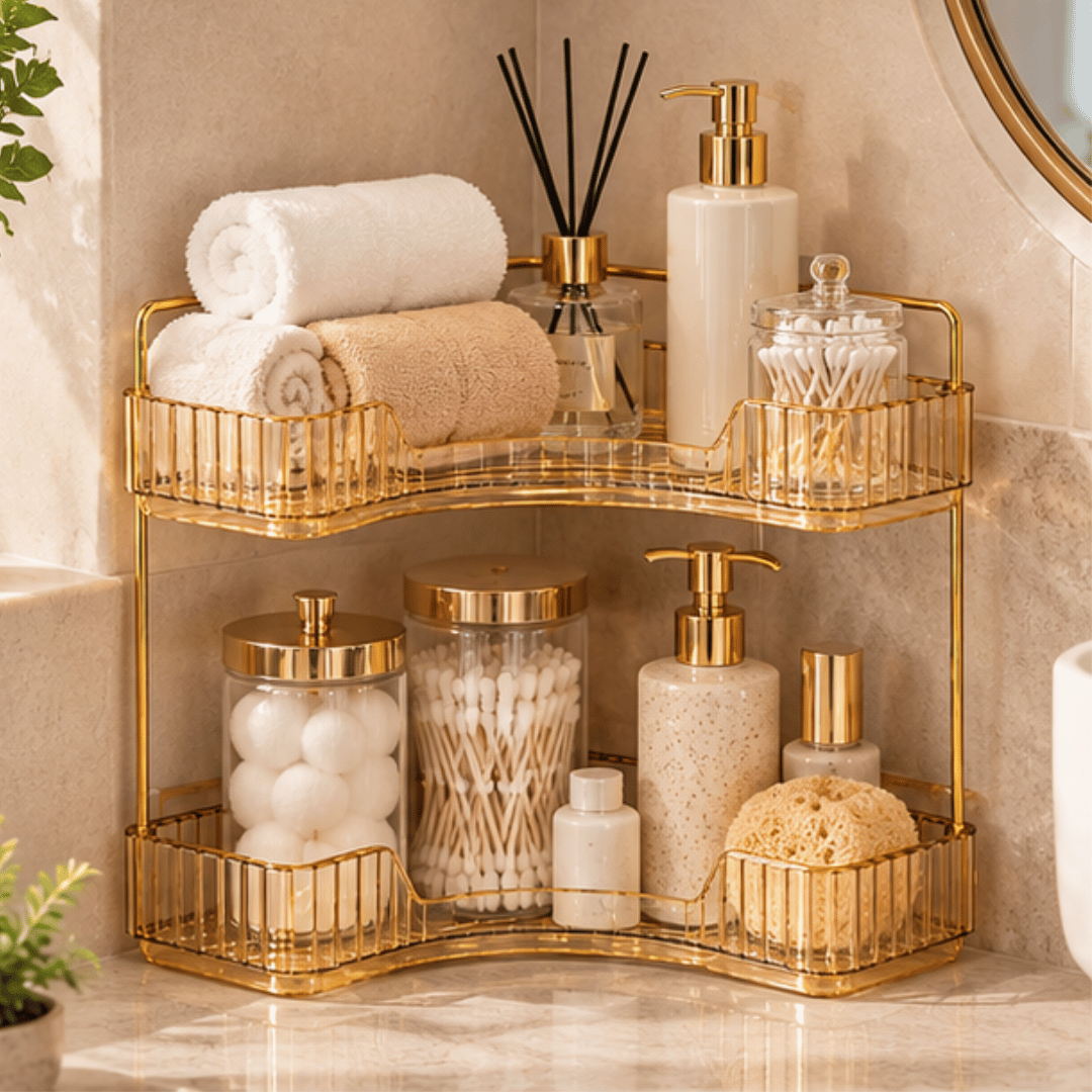 2 Tier Corner Bathroom Counter Organizer with Amber Gold Trays