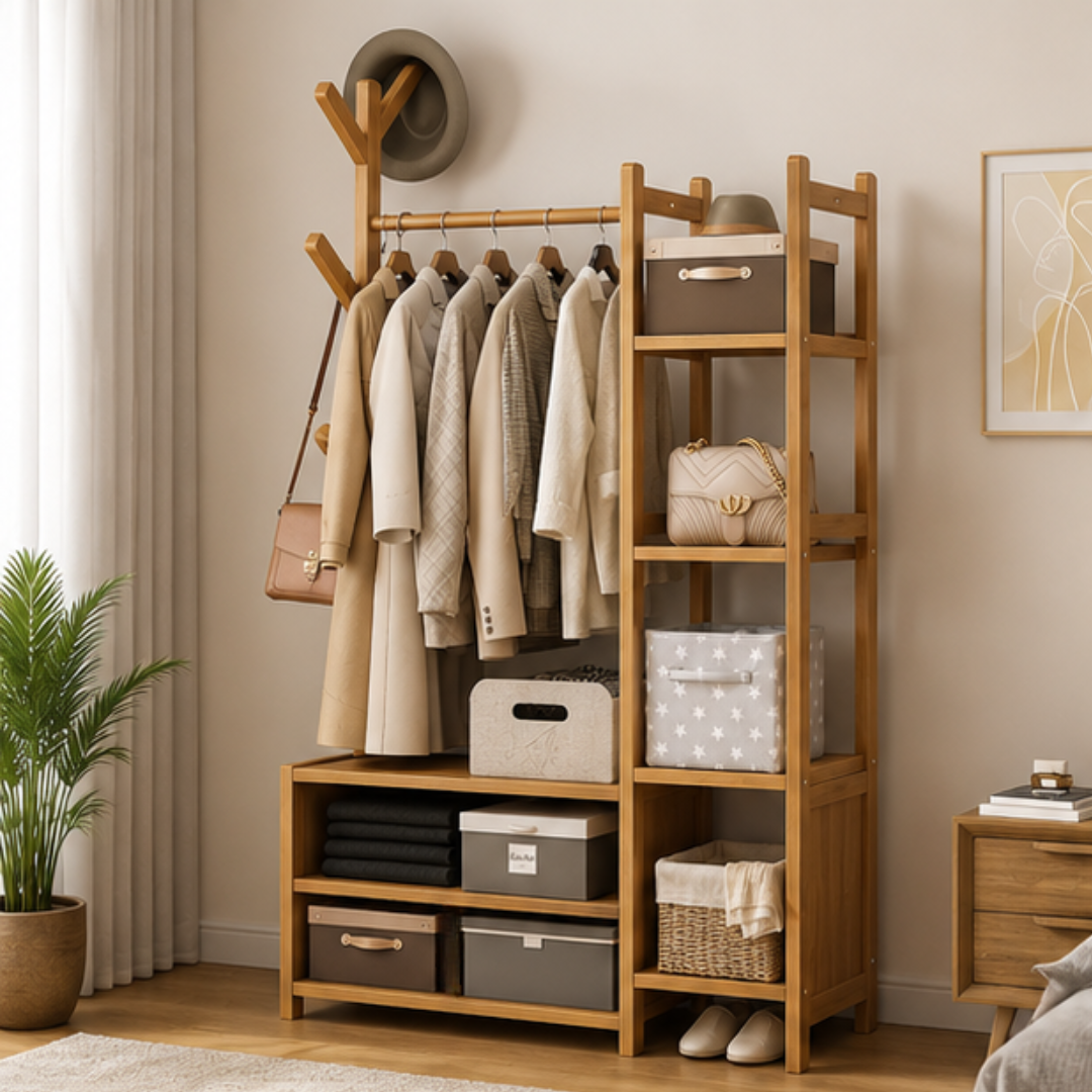 Multi Storage Bamboo Clothes Rack Open Wardrobe with Hanging Rail Shelves