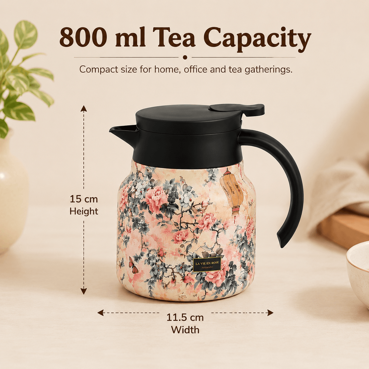 Homero Vintage Floral Stainless Steel Elegant Insulated Teapot - 800ml