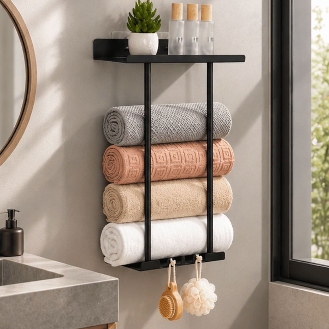 Multifunctional Bathroom Towel Organizer with Floating Shelf