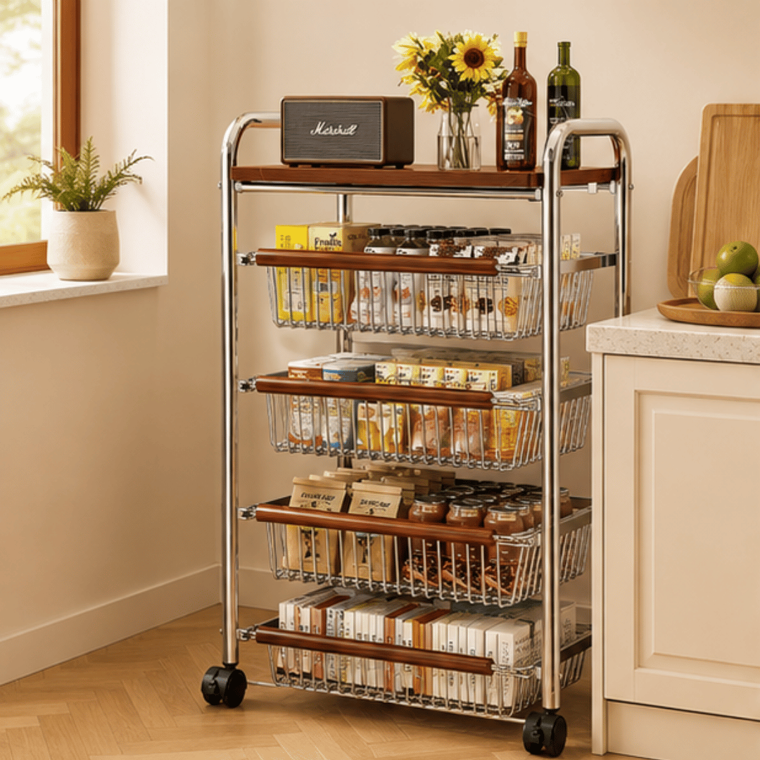 Vintage Multi Layer Storage Trolley with Pull Out Baskets and Detachable Tabletop
