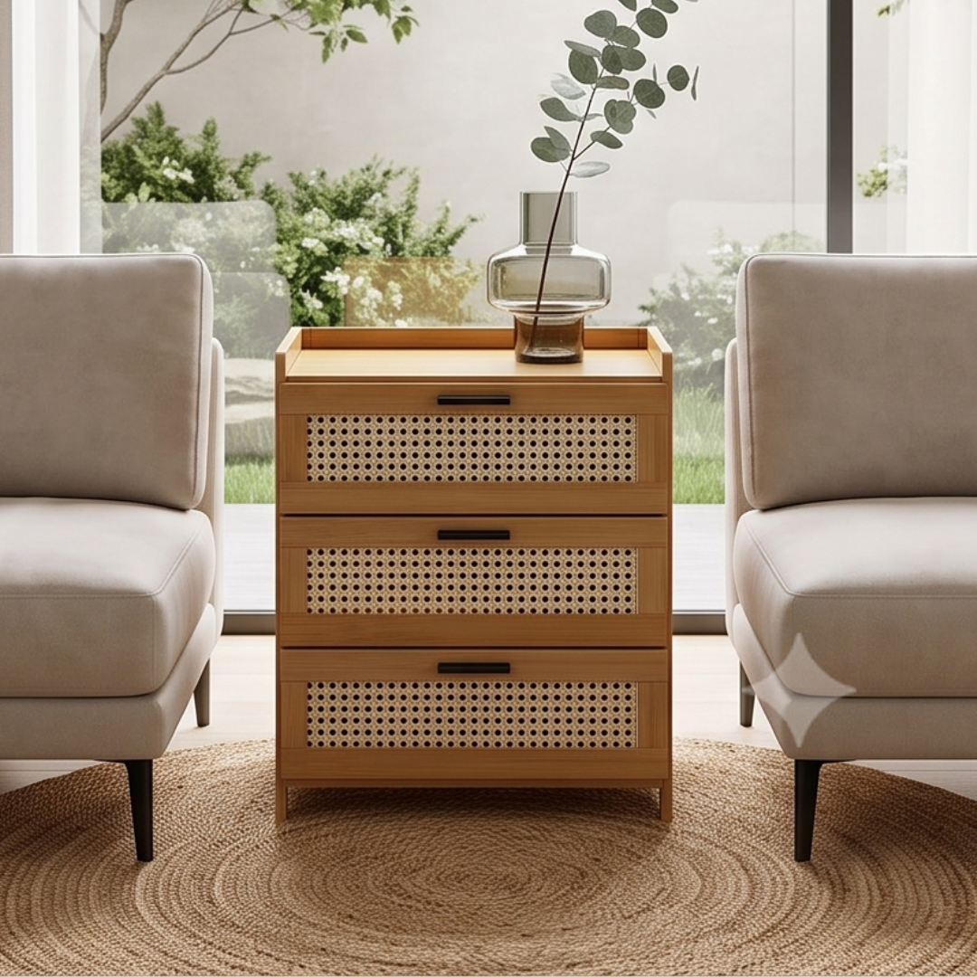 Multipurpose Bamboo Side Table with Three Drawers
