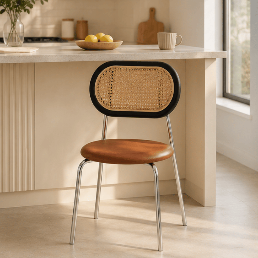 Elegant Rattan Ergonomic Backrest PU Leather Cushion Chair