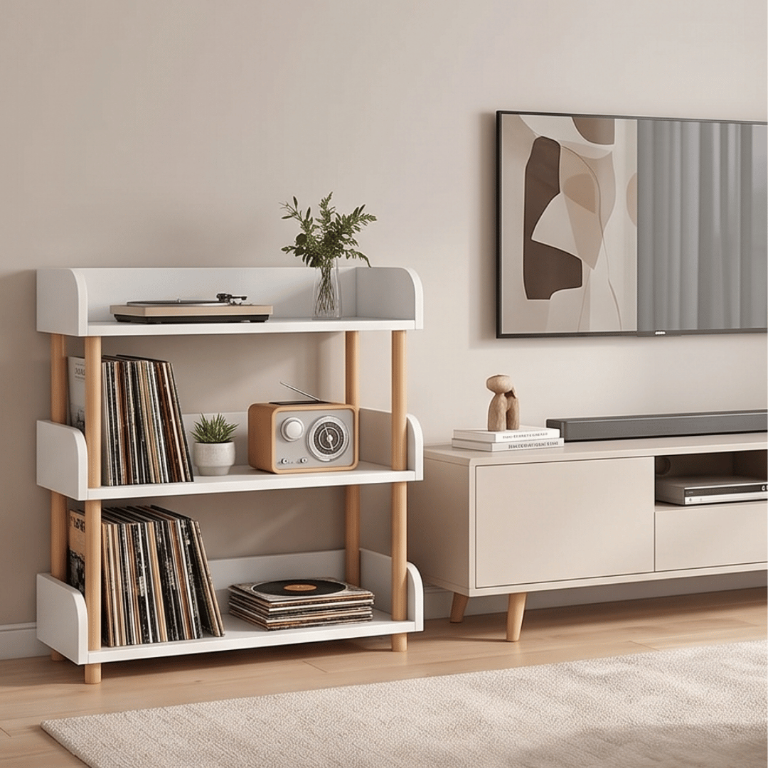 Elegant Floor Standing Display Shelf with Upright Storage and Beech Wood Legs