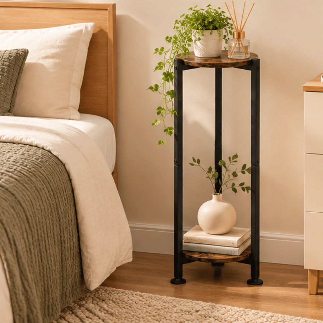 Two Tier Round Plant Stand with Oak Finish Shelves and Metal Frame