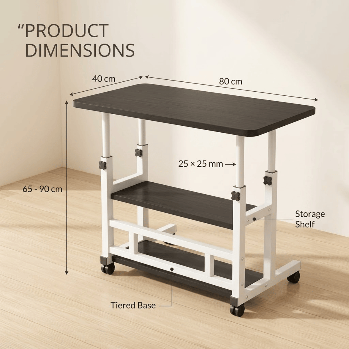 Height Adjustable Rolling Laptop Desk with Storage Shelves