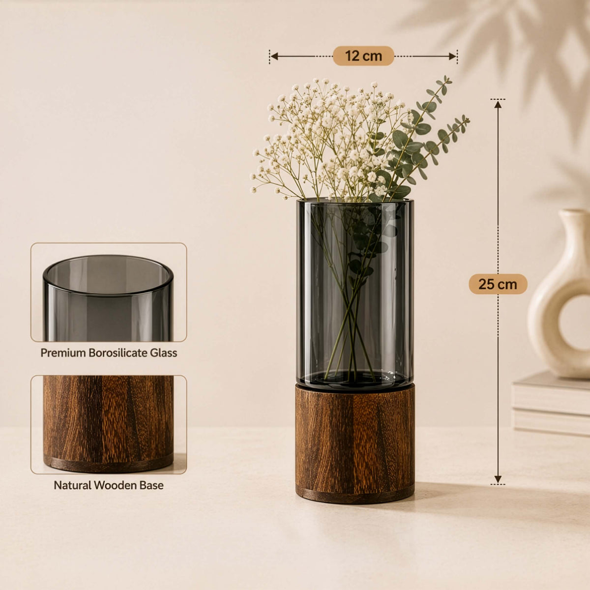 Homero Cylinder Vases with Wooden Base for Home Decor