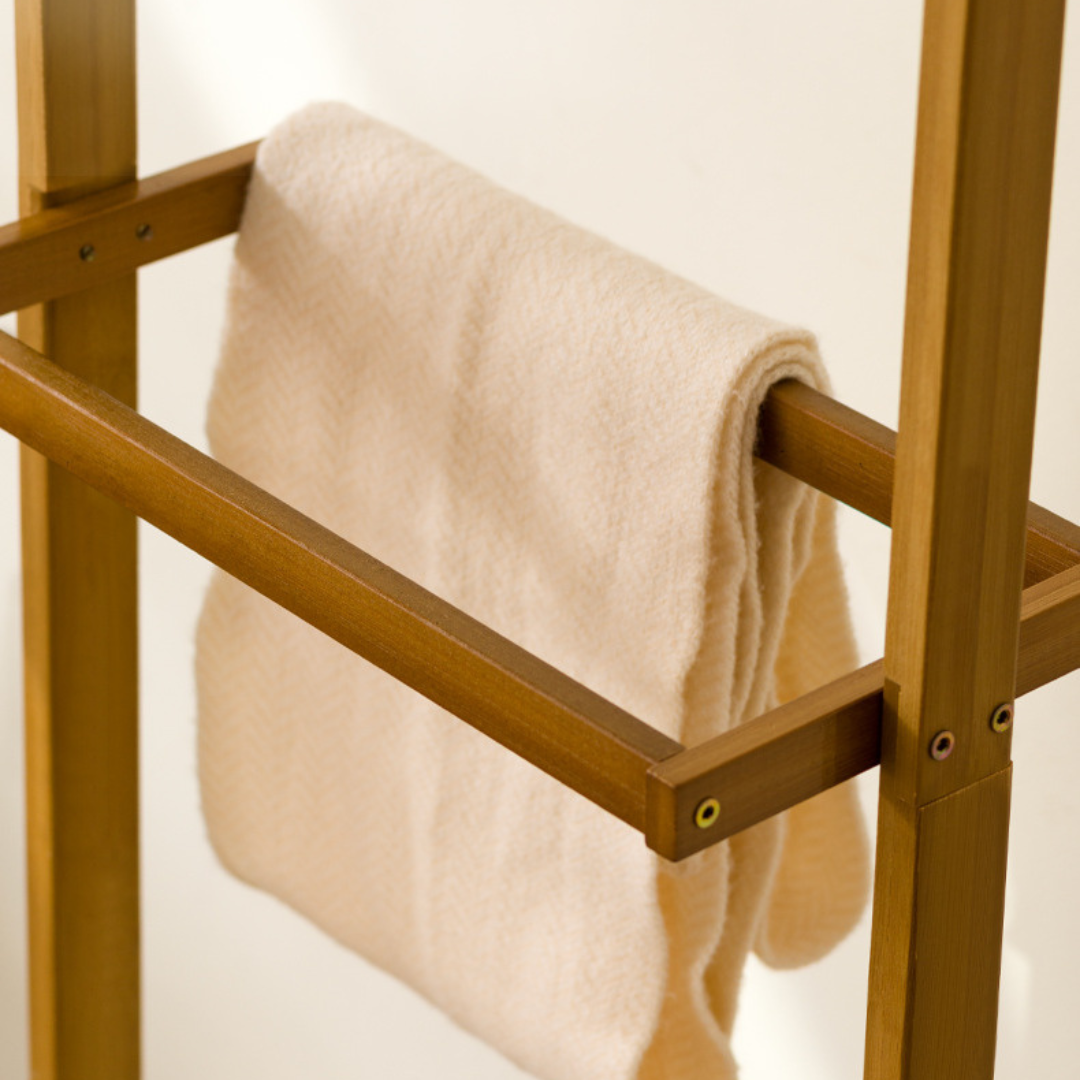 Multi-Purpose Bamboo Garment Stand with Laundry Basket and Hooks
