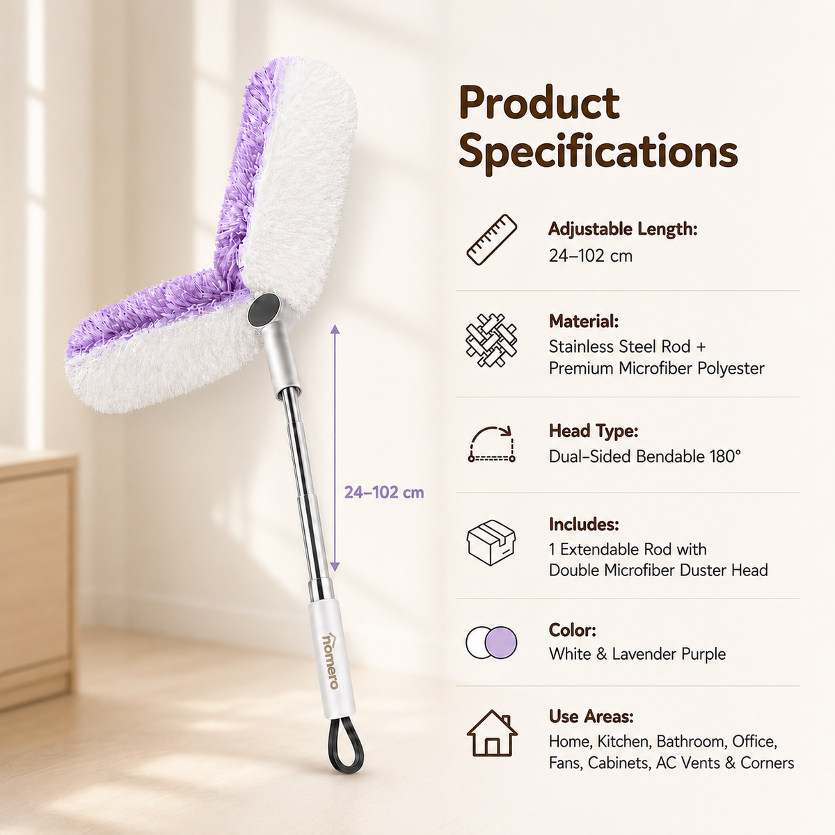 Extendable Dual Head Microfiber Duster with Bendable Cleaning Head