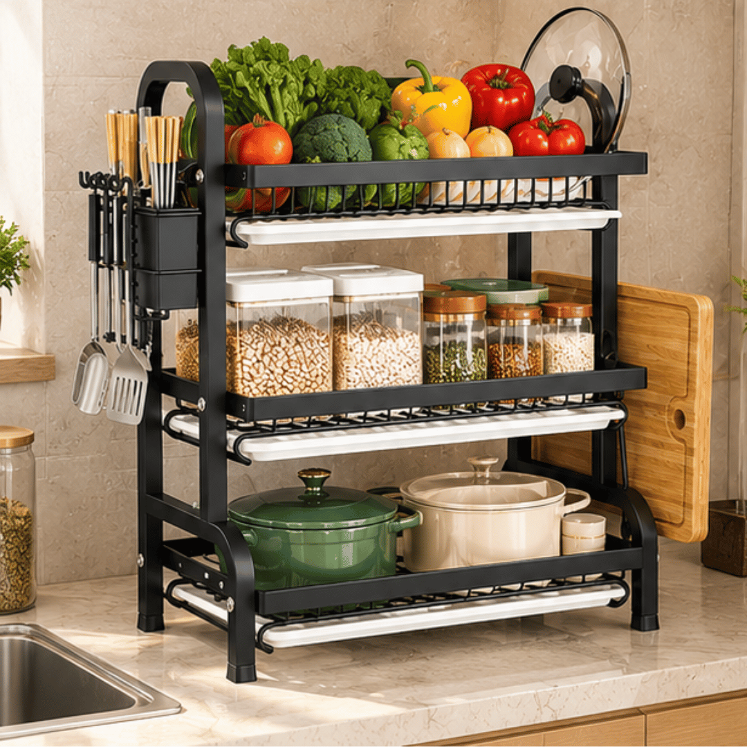 3 Tier Kitchen Dish Drying Rack with Drain Trays Cutlery Holder and Cutting Board Holder