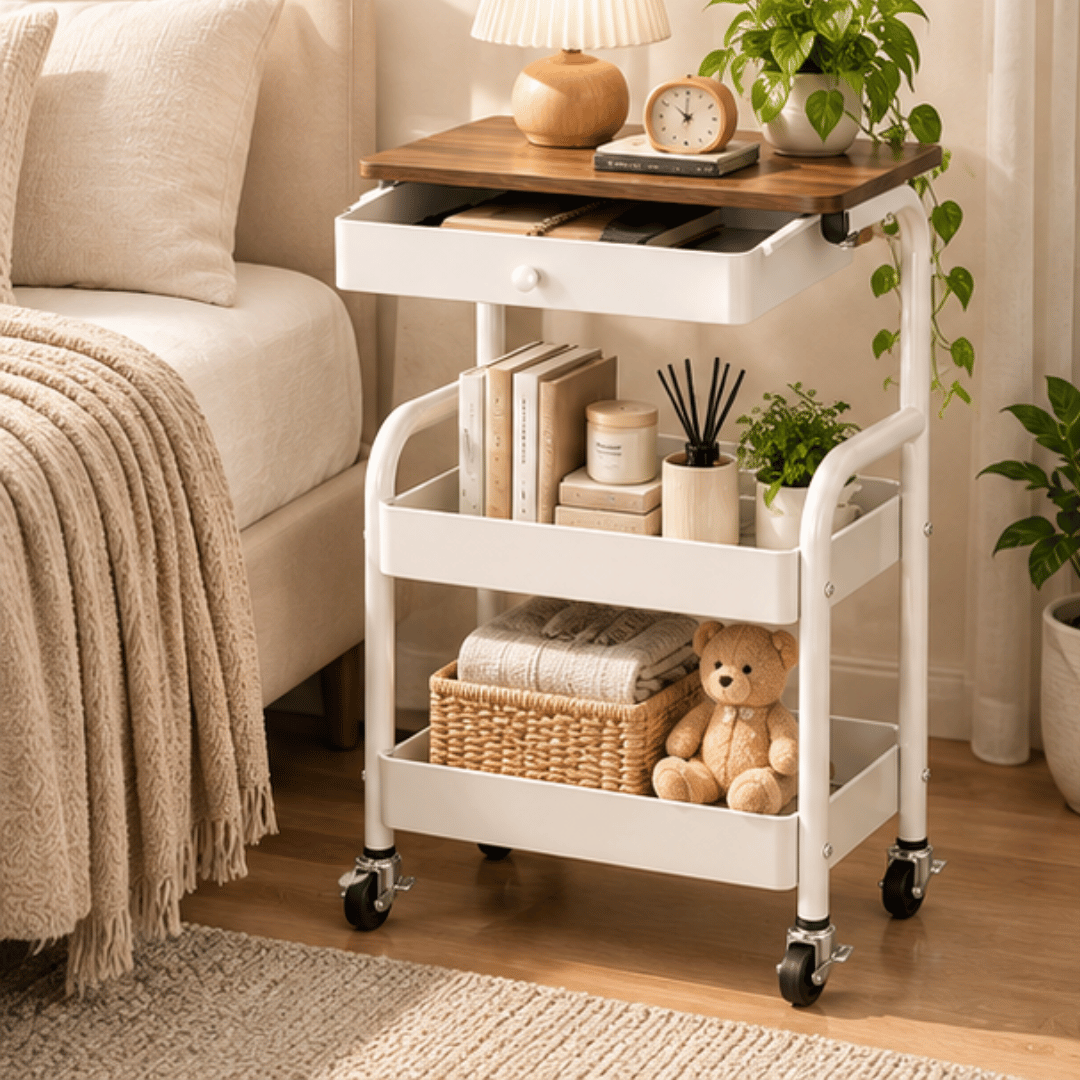 3-Tier Wooden Top Rolling Storage Trolley with Drawer and Wheels