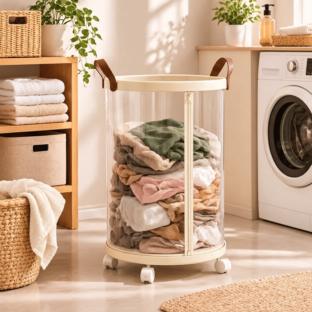 Modern Foldable Laundry Storage Basket with Transparent Body and Rotating Wheels