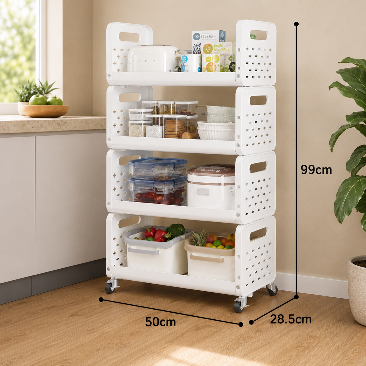 HOMERO Space Saving Utility Storage Rack with Wheels and Ventilated Shelves 4 Layer