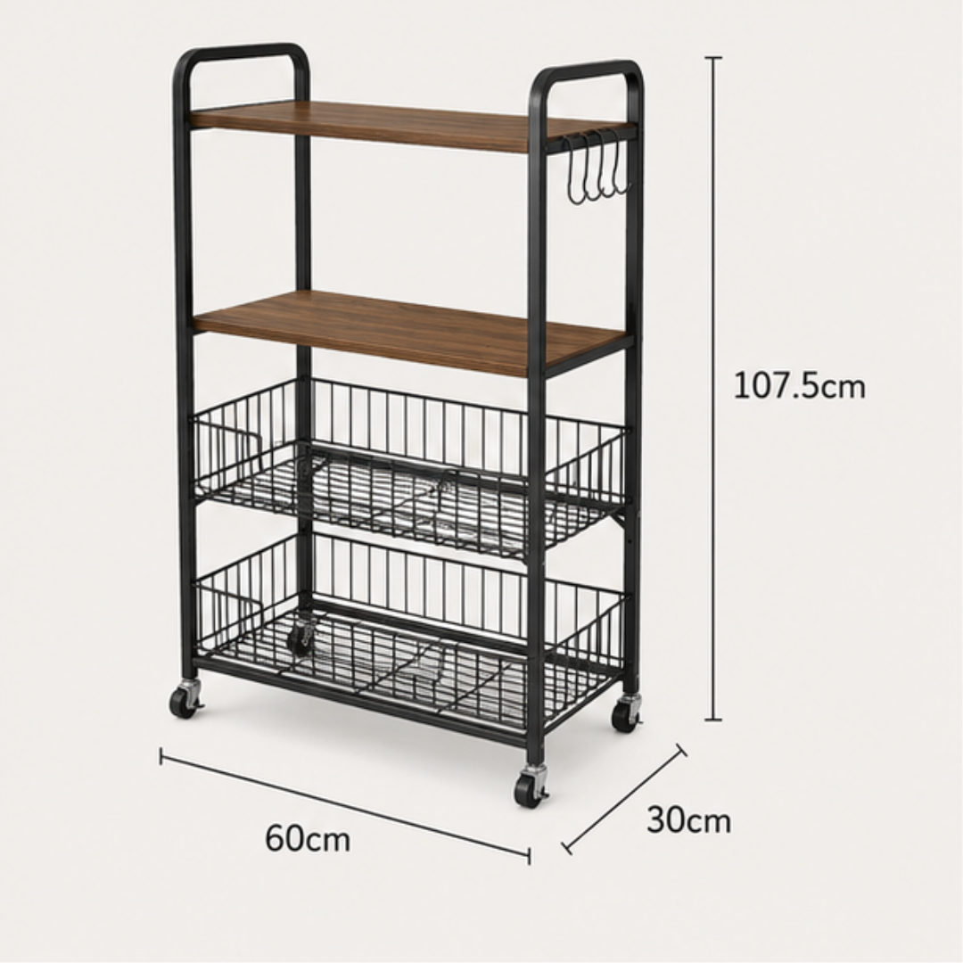 4 Tier Rolling Kitchen Storage Rack with Wooden Shelves & Wire Baskets