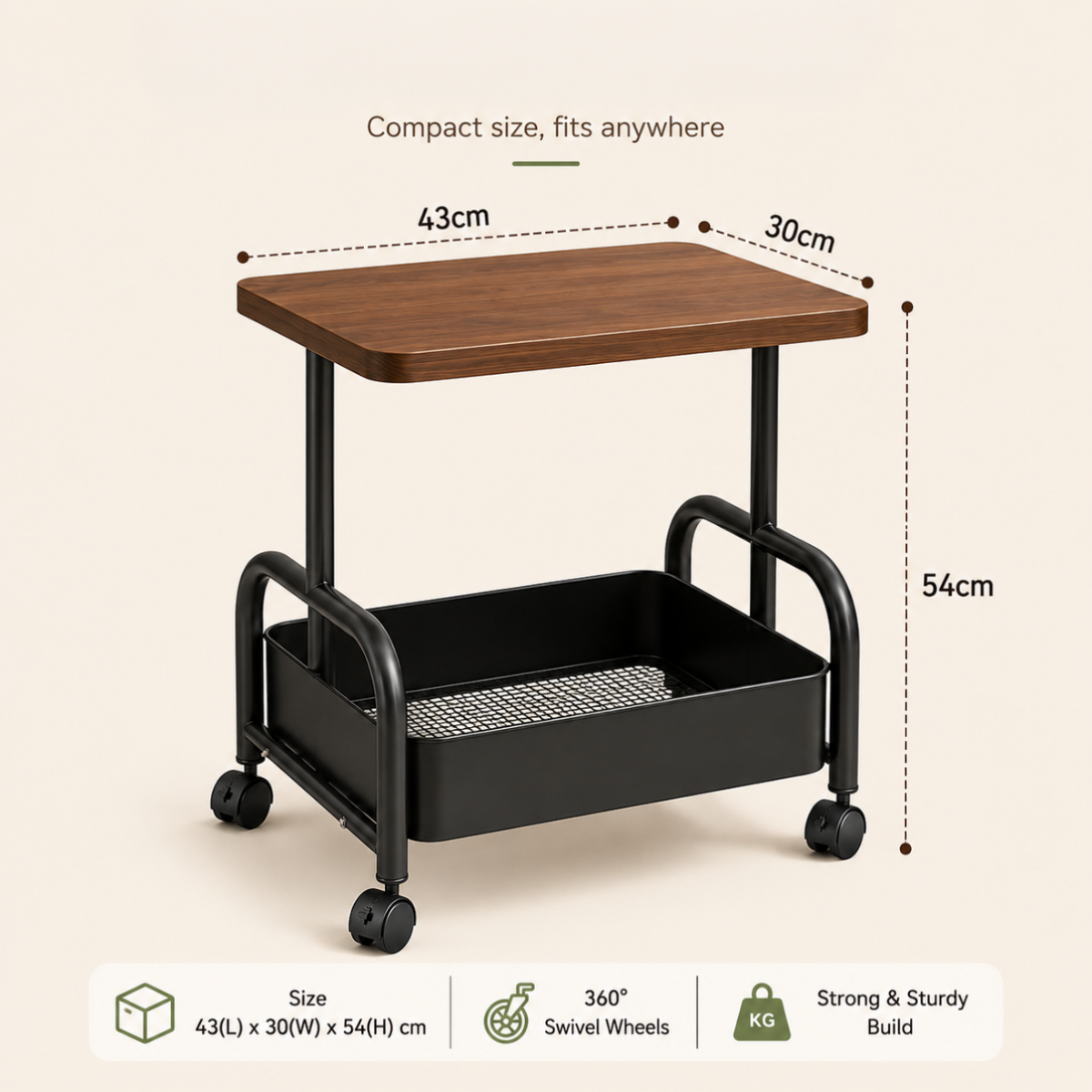 2-Tier Multi Purpose Utility Trolley Table with 360° Wheels
