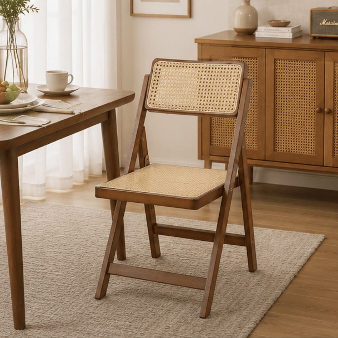 Solid Wood Frame Ergonomic Seating Rattan Folding Chair