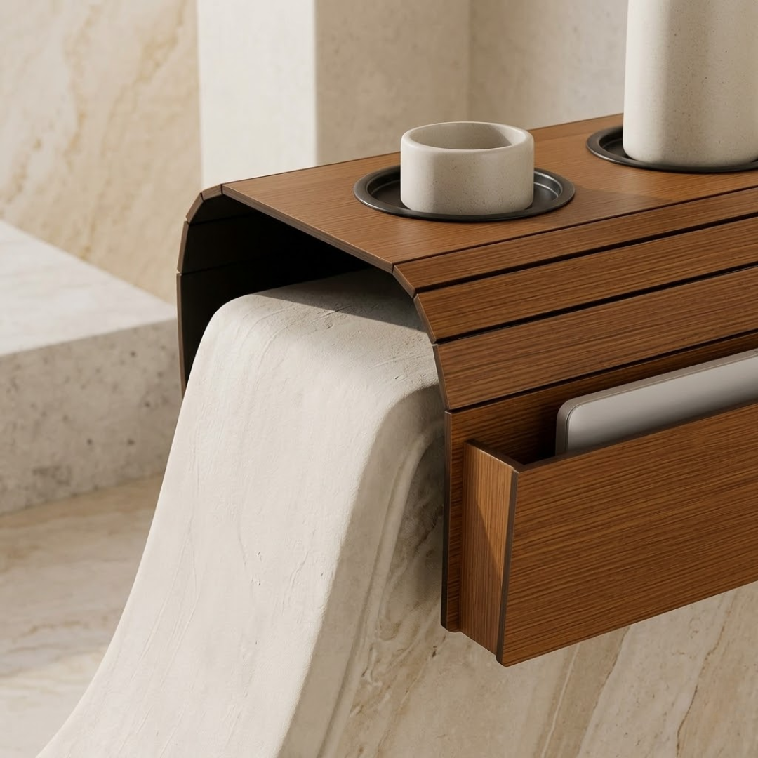 Flexible Wooden Sofa Armrest Tray Table With Dual Cup Holders And Remote Storage