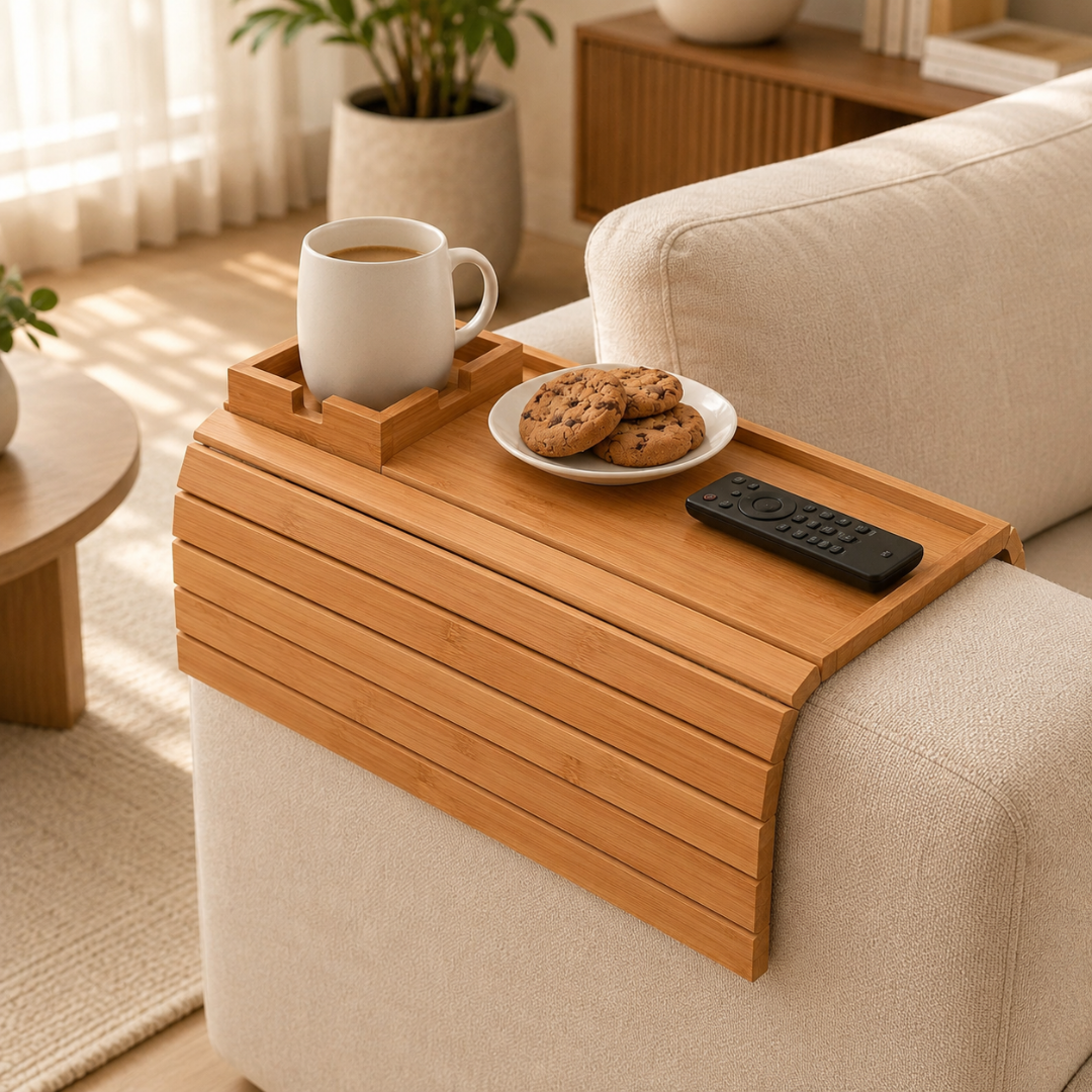 Bamboo Couch Armrest Tray Table with Cup Holder & Snack Organizer