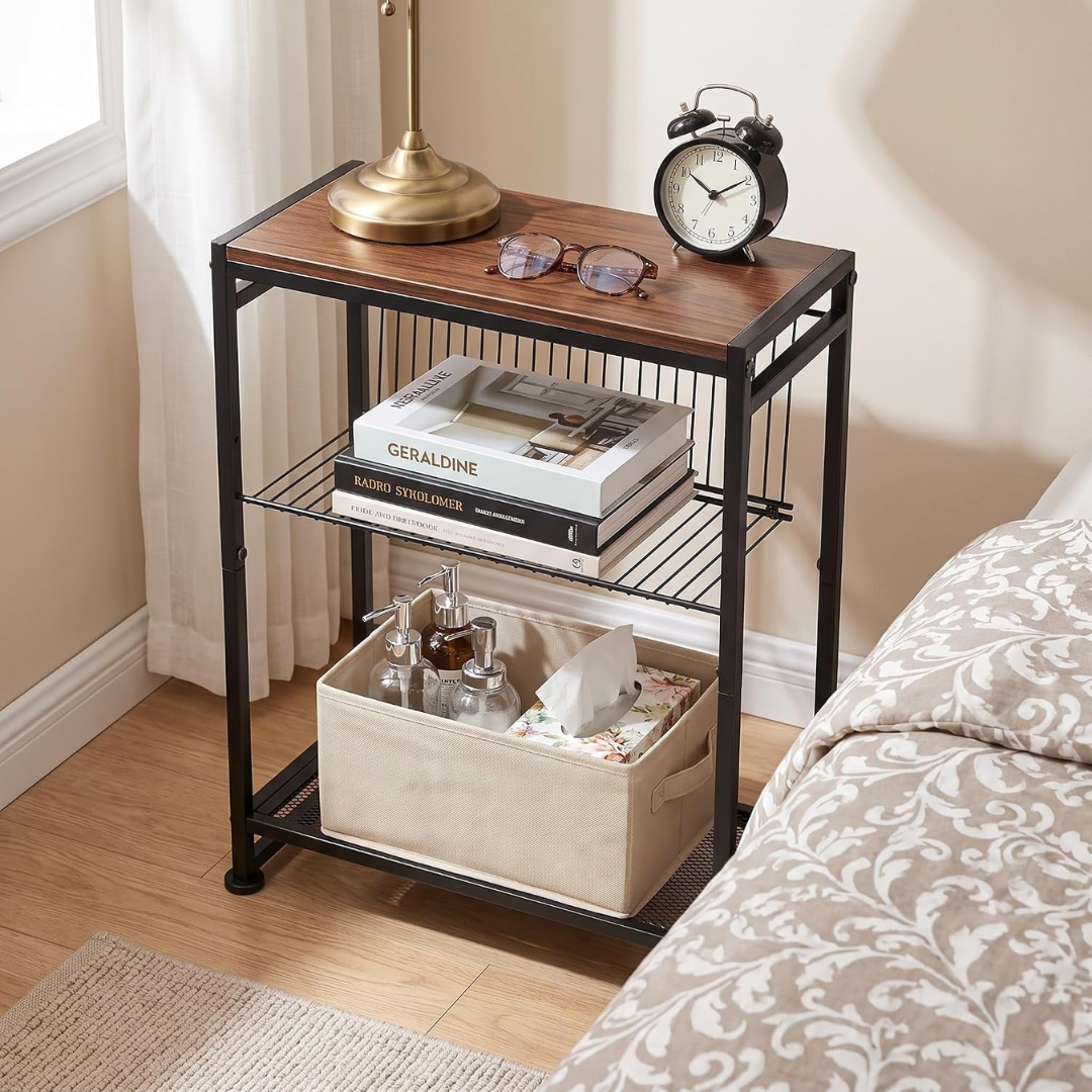 3-Tier Compact Bedside End Table with Magazine Holder and Metal Mesh Shelf
