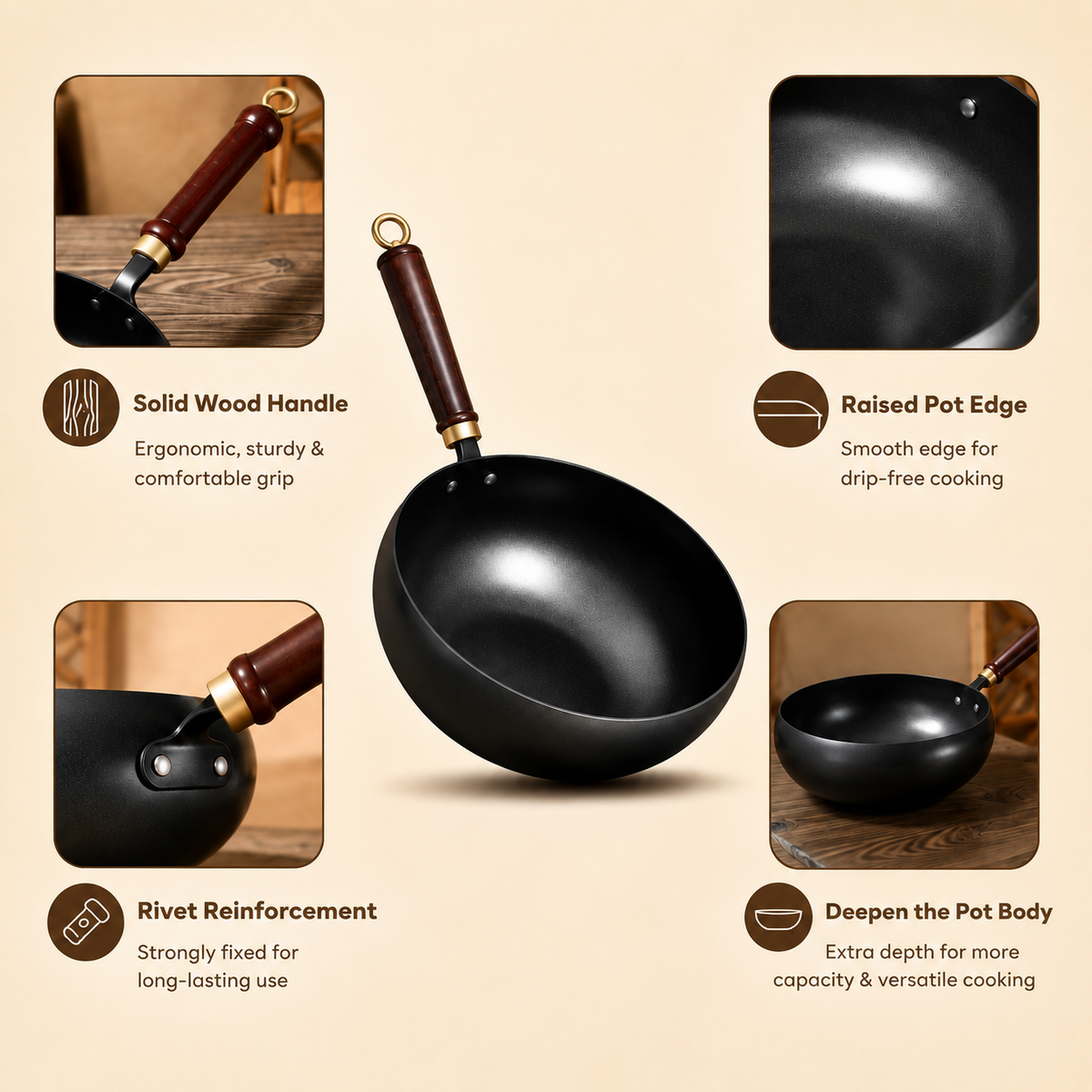 Homero Premium Iron Frying Wok Pan with Glass Lid - 24CM Black