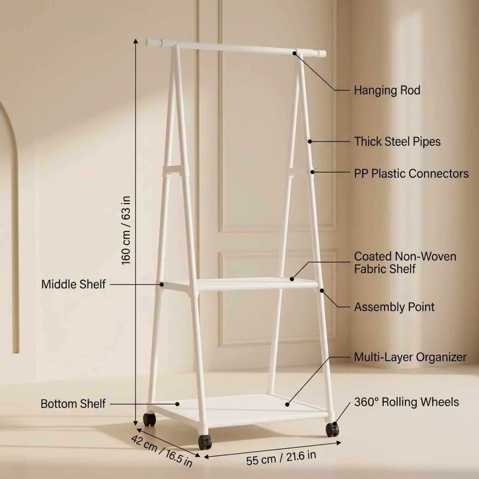 Multi Functional Metal Clothes Rack with Storage Shelves and Wheel