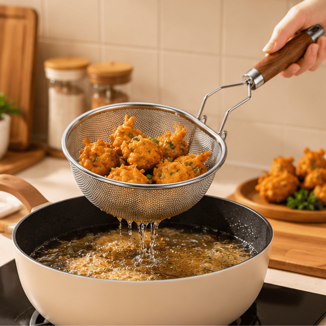Premium Stainless Steel Noodle Strainer with Faux Wood Handle and Hanging Hook