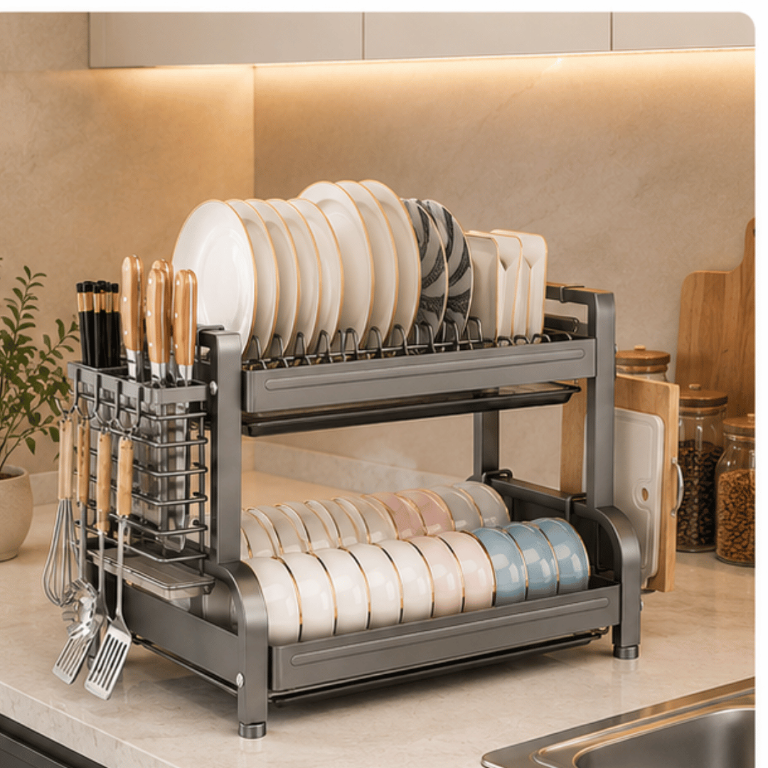 Two Tier Carbon Steel Dish Drying Rack with Knife Holder and Drip Trays
